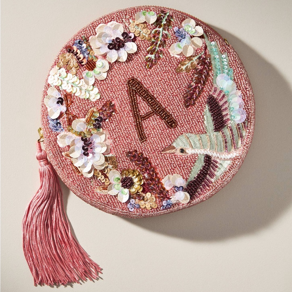 Anthropologie x Anna Harlow Russo Beaded Monogram “A” crossbody bag hummingbird